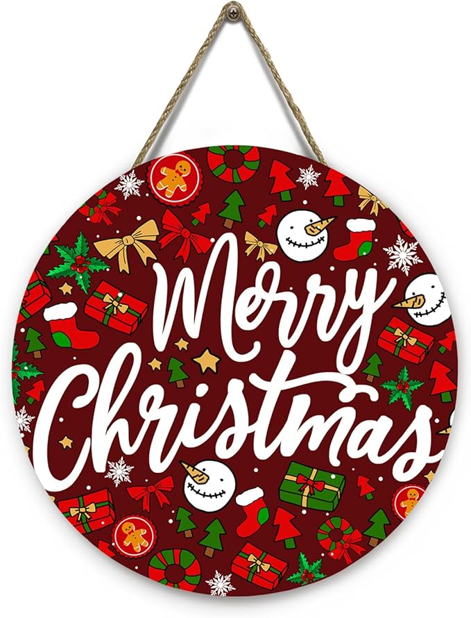Merry Christmas Welcome Wooden Door Sign for Front Door Winter Christmas Door Hanger Xmas Holiday Hanging Wall Sign for Farmhouse Home Porch Outdoor Decorations