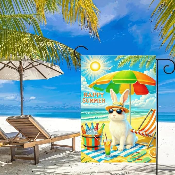 Summer Garden Flag 12x18 Double Sided, Burlap Outdoor Beach Sea Bunny Garden Flags Summer Coastal Decorations, Small Decorative Ocean Yard Flags for Outside Lawn Porch Décor