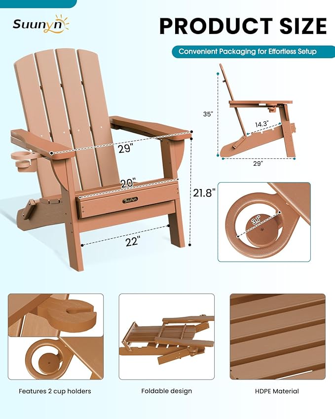 Folding Adirondack Chair, HDPE All-Weather Fire Pit Chairs, Plastic Adirondack Chairs with 2 Cup Holder, Outdoor Lawn Chair for Patio Garden (Teak)