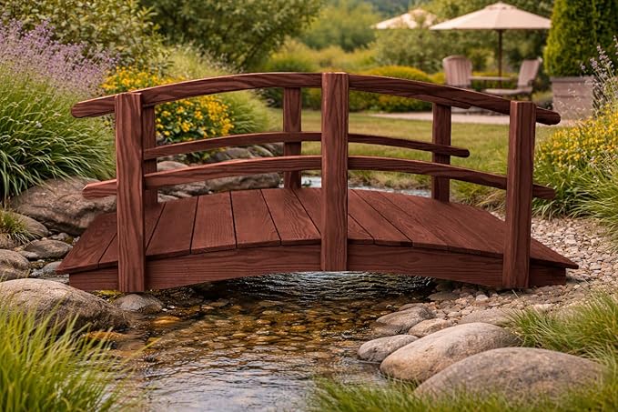 6 FT MAHOGANY Amish Made Garden Bridge with DOUBLE RAILS for Walkway, Backyard Pond & Landscaping, Outdoor Wooden Footbridge for Koi Pond, Japanese Style Decorative Bridge, Made in USA