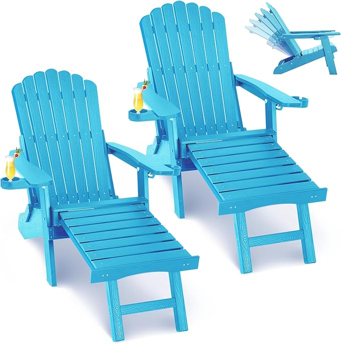 ZHUSI Folding Adirondack Chairs Set of 2 with Retractable Ottoman, Adjustable Adirondack Chair with 2 Cup Holders, Outdoor Chairs for Porch Patio Lawn Balcony Weather Resistant, Lake Blue