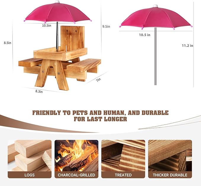 Gnodary Squirrel Feeder with Umbrella, Squirrel Feeders for Outside, Squirrel Picnic Table Feeder - Chipmunk Feeder Hold Corn, Corn Cob, Peanuts (Dark-Pink)