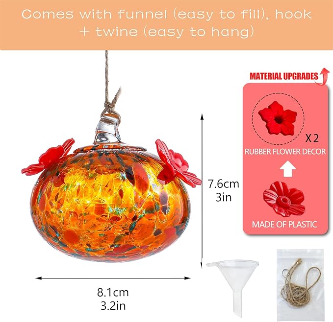 3in Small Colorful Hummingbird Feeder Glass for Outdoors Window Hanging Blown Glass Hummingbirds Feeders for Outside with 2 Feeding Ports Ant and Bee Resistant Humming Birds Feeder Gifts for Women