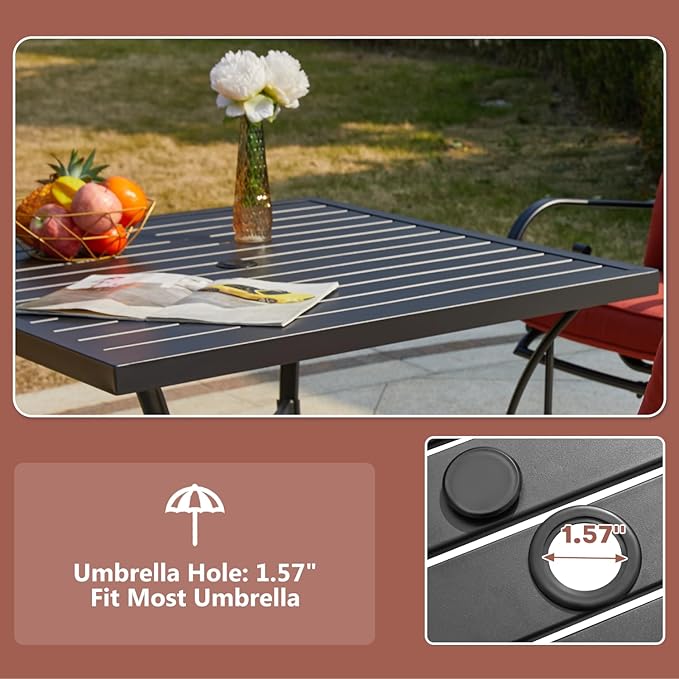 MELLCOM 5 Pcs Outdoor Dining Set, 4 Swivel Rocker Chairs with Thick Cushions & Square Dining Table with Umbrella Hole, Patio Furniture Set for Porch, Garden, Backyard, Poolside, Deck, Red