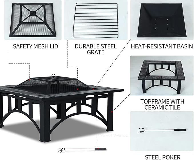 GRAND PATIO Fire Pits for Outside 35'' Wood Burning Square Marble Tile Tabletop Fire Tables for Patio Bonfire,Camping,Outdoor Heating, with Spark Screen and Poker