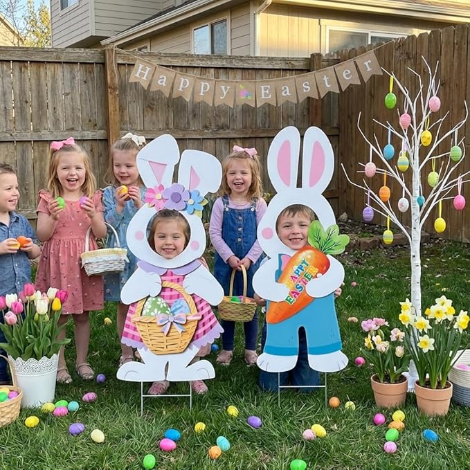 2 Pcs Happy Easter Face Yard Signs Decorations Cute Bunny Egg Yard Sign with Stake Photo Props for Spring Easter Egg Hunt Party Supplies Patio Lawn Garden Outdoor Decor