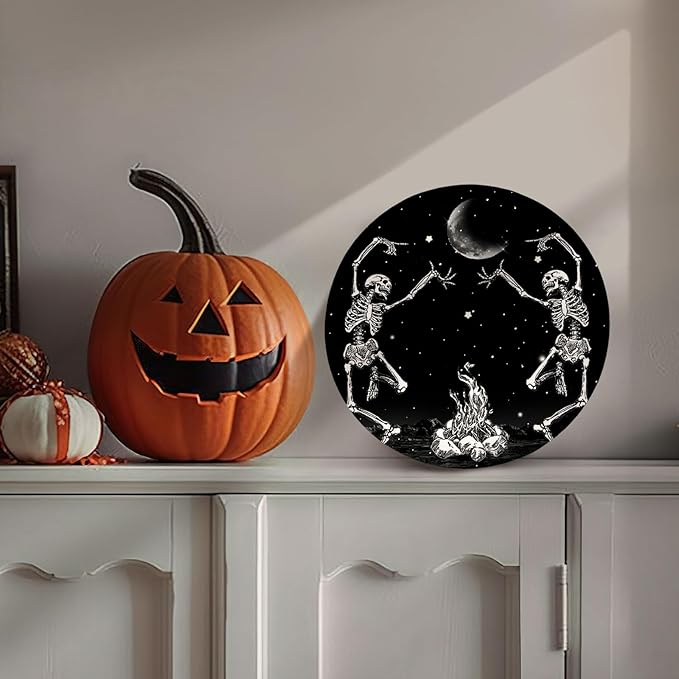 Skull Halloween Front Door Sign Dancing Skeleton Door Hanger Sacry Moon Night Holiday Decor for Porch Halloween Home Party Accessories