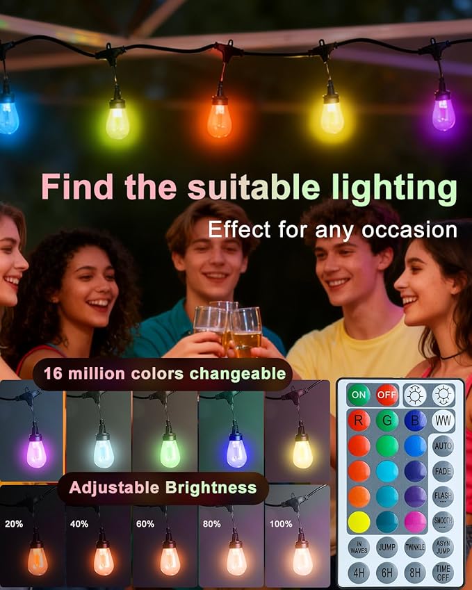 Lightdot 96FT Outdoor RGB String Lights - Dimmable Color Changing LED Patio Lights with Remote, Waterproof Commercial Grade for Cafe, Bistro & Backyard, ETL Listed