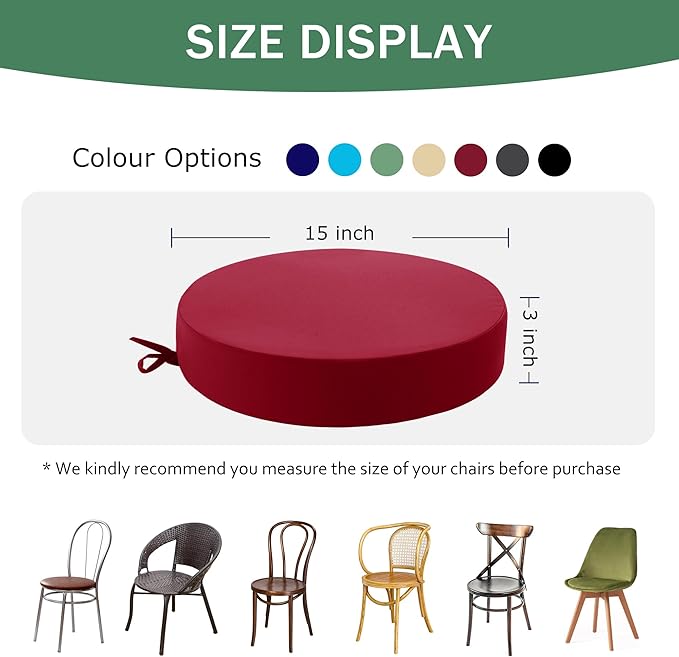 Outdoor Bistro Chair Cushions Set of 2, 15" D x 3" H Round Chair Cushions Waterproof and Fade Resistant Chair Cushion Pads with Non-Slip Ties and Removable Covers for Garden, Burgundy