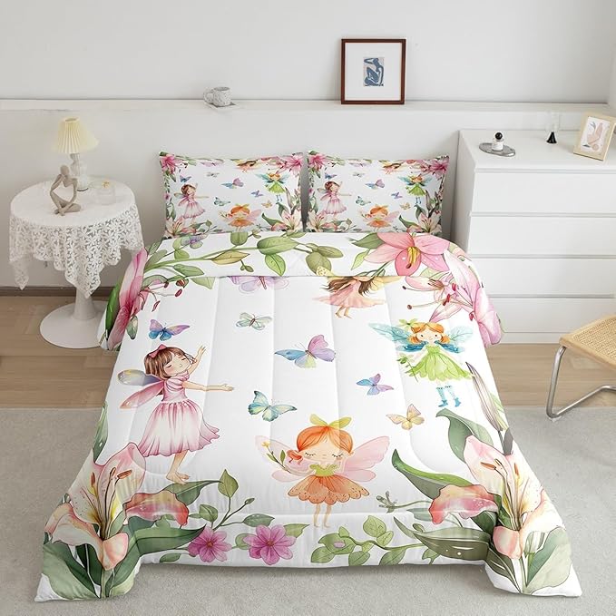 Erosebridal Floral Fairy Queen Comforter Set,Dreamy Fairy Garden Bedding Sets for Girls Kids,Coquette Flower Butterfly Quilt Bed Set,Pink Princess Bedroom Decor,2 Pillowcases Lightweight