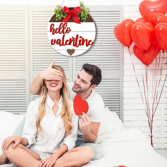 Boao Hello Valentine's Day Wooden Hanging Sign Farmhouse Door Decor Hello Valentine Vintage Heart Red Bow Door Wreath Rustic Wall Plaque Decorations for Window Wall Front Porch Hanger