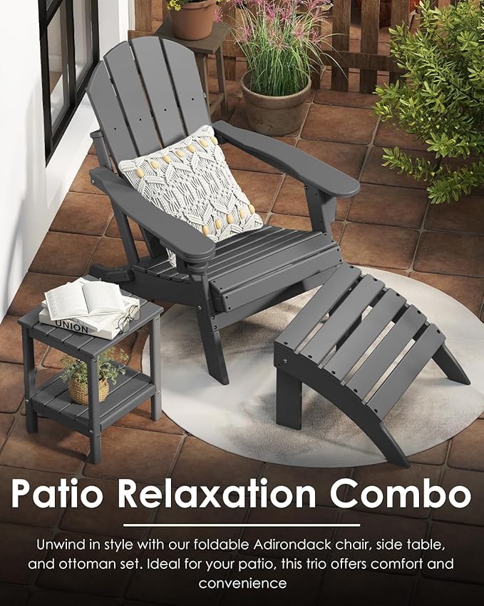 GREENVINES Folding-Adirondack-Chairs-Set-of-4 | HDPE Plastic | Fire Pit Chair | All Weather | Cup Holder | Grey | for Deck Backyard Patio Outdoor Garden