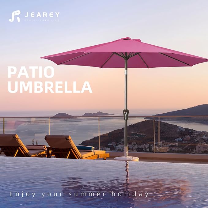 JEAREY 10FT Outdoor Patio Umbrella Outdoor Table Umbrella with Push Button Tilt and Crank, Market Umbrella 8 Sturdy Ribs UV Protection Waterproof for Pool, Garden (Rose Pink)