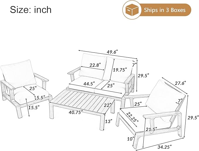 4 Pieces Outdoor Sofa Set 4-Person Patio Seating Group Outdoor Conversation Set with Cushions and a Coffee Table for Patios, Gardens, or Balcony, Dark Brown +Beige Cushion