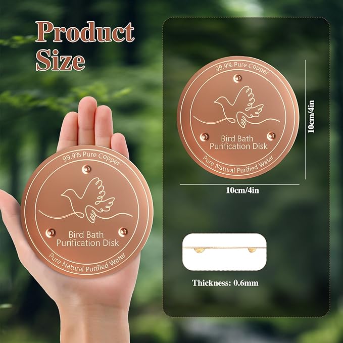 4in Bird Bath Copper Disk, 0.6mm Thickness 99% Pure Copper birdbath purification disk with triple-point Support, Safe Natural Clean Water for All Outdoor Birdbaths Bowls and Year-Round-Use