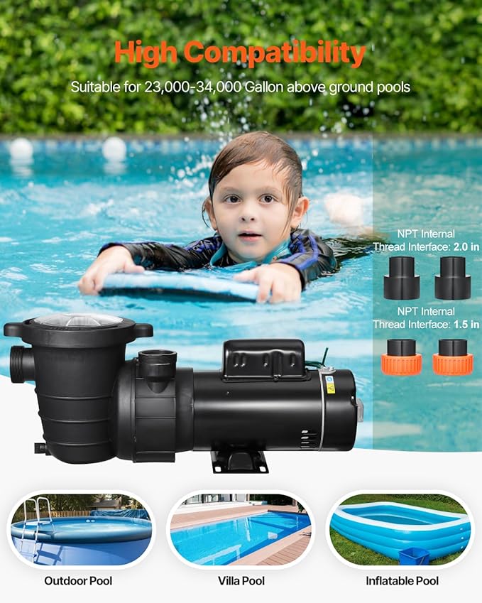 VEVOR Above Ground Pool Pump, 1.5HP/0.35HP, Dual Speed Swimming Pool Pump, High 110 GPM 54 ft Lift, Low 52 GPM 14 ft Lift, 110V 3450 RPM with Strainer Basket, 122°F Max Water Temp, for Hot Tubs Spas