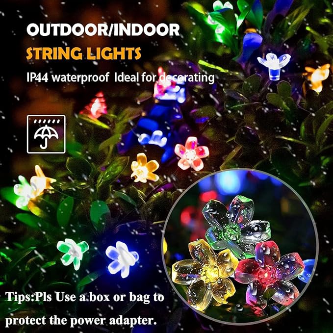 Outdoor Flower String Lights, 33ft Black Wire Fairy Lights with 100 LED Lighted Cherry Blossom for Indoor/Outdoor Backyard, Patio, Garden, Party, Christmas Decoration (Black Wire-Multicolored)