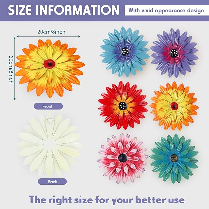 Zhehao 6 Pcs Metal Flower Wall Art Decor 8 Inch Sunflower Wall Decorations Hanging Outdoor Art Multicolored Handmade Metal Flowers Outdoor Decor(Cute Color)