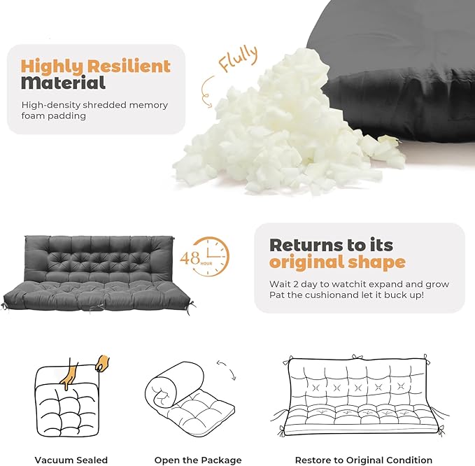 Porch Swing Cushions, Patio Swing Cushions Waterproof for Outdoor Furniture Thickened Outdoor Swing Bench Cushions 2-3 Seater Replacement with Ties (Light Grey, 60x40 Inch)