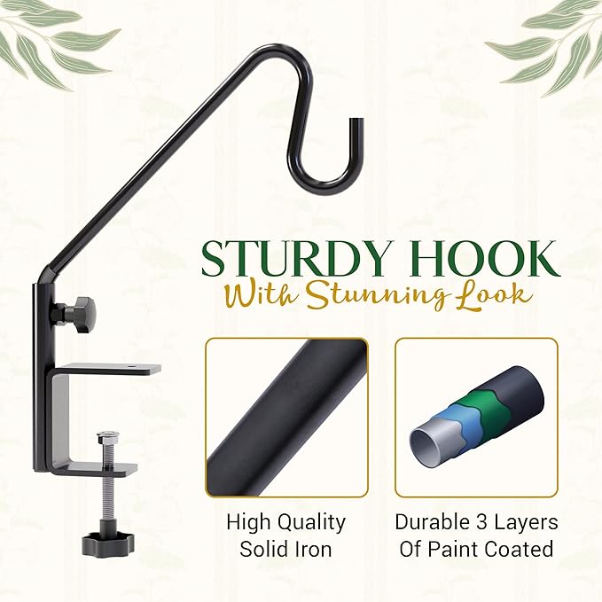 Idzo Deck Bird Feeder Hanger for Railing, 11inch Deck Hook for Bird Feeder Pole, Durable 3 Layers Powder Coated & Sturdy 1 Piece Solid Steel Construction for Hanging Decorations