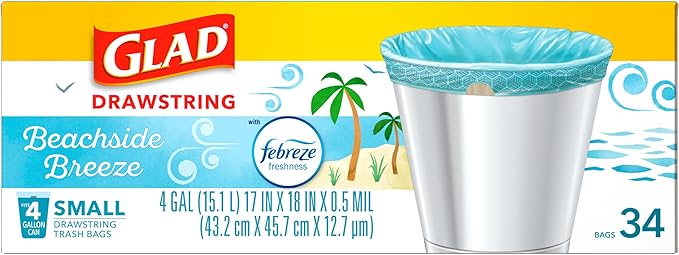 Glad Small Trash Bags 4 Gallon, Febreze Beachside Breeze Garbage Bags, Odor Resistant with Drawstring, 34 Count (Pack of 2)