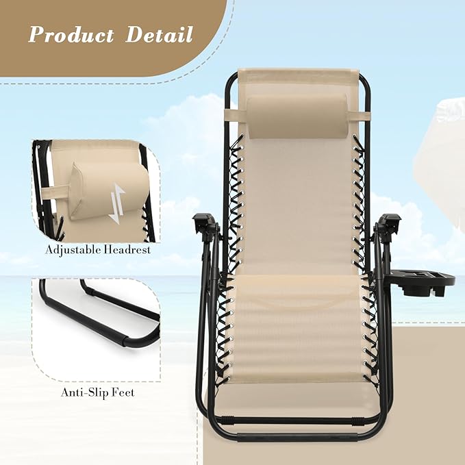 Athena Collection Zero Gravity Chair, Outdoor Lounge Chair with Adjustable Pillow and Cup Holder, Reclining Camping Chair for Outside Beach Lawn Garden Patio Poolside Set to 2- Cream