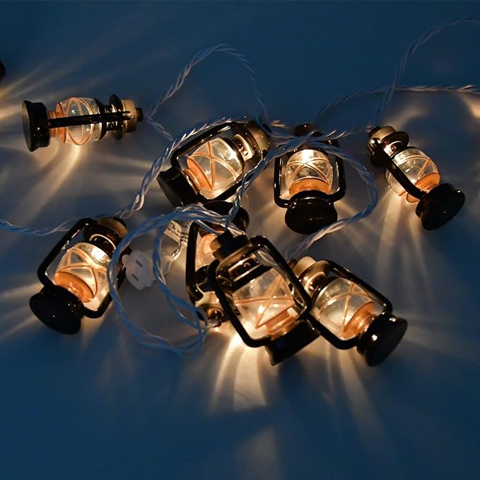8.5Ft Black Mini Kerosene String Lights, Vintage Fairy Decorative Lights with 10 Mini Black Kerosene Lights, Connectable Outdoor Lantern Christmas Light for Bedroom Camping Wedding Garden Holiday