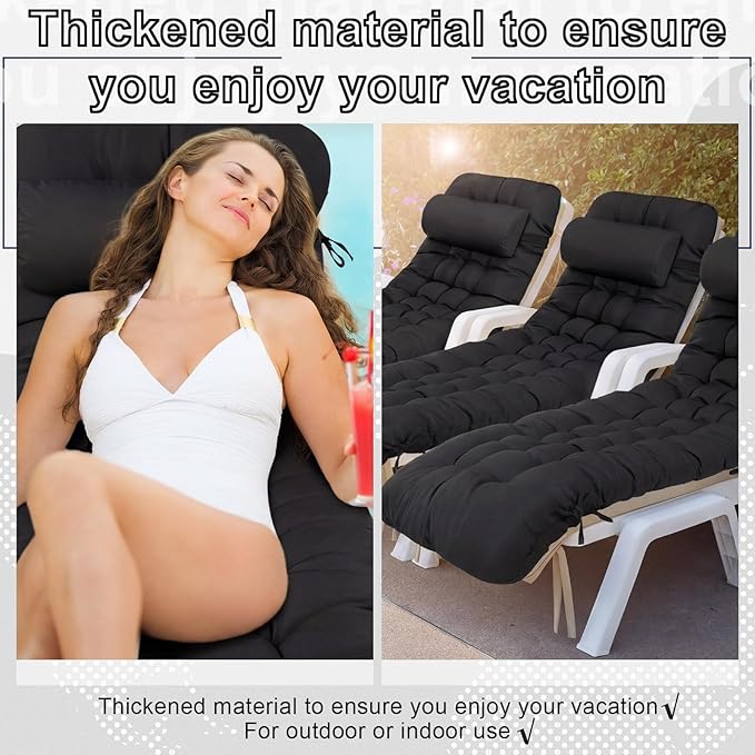 Tudomro 2 Pcs Black 66'' Outdoor Chaise Lounge Cushion Waterproof Patio Lawn Pool Chaise Lounge Cushion with Headrest Pillow & Ties Weather Fade Resistant Replacement Longue Chair Pad
