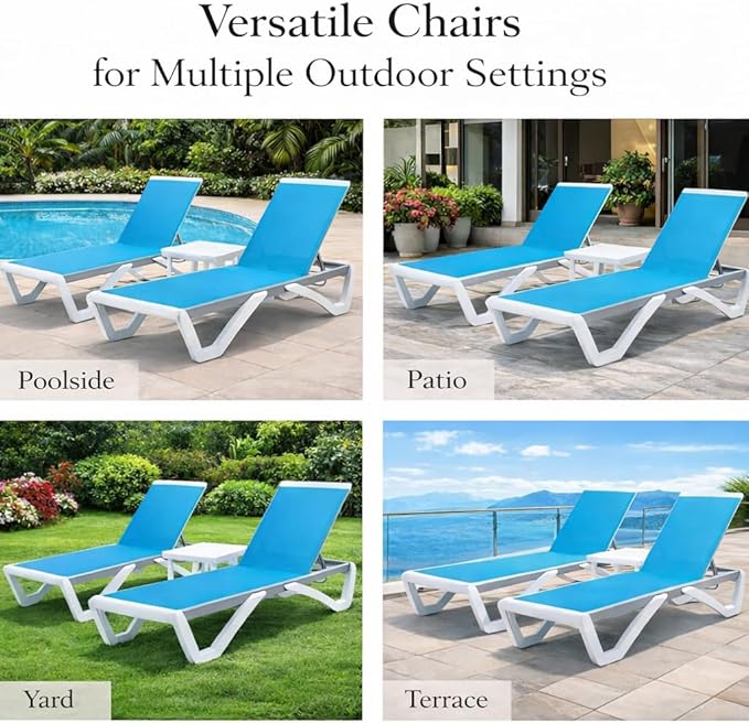 Kozyard Outdoor Chaise Lounge Chair, Full Flat Adjustable Patio Lounger with Aluminum Frame & Resin Legs, Textilene Fabric for Poolside, Backyard & Beach (Aqua/WhiteFrame, Chair)