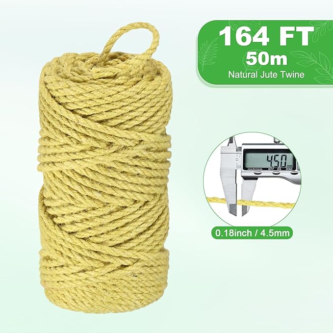 1-Pack Natural Jute Twine String, 4.5mm x 164ft/50m Long Garden Twine String for Crafts/Gift Wrapping/Gardening Plants, Durable Plant Ties Thick Rope [Yellow]