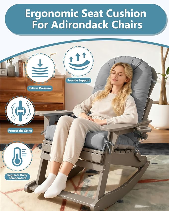 Adirondack Chair Cushion Set of 2, Thickened Patio Chair Cushions with Ties, Waterproof and UV-Protected Rocking Chair Cushion for Indoor and Outdoor, Grey.