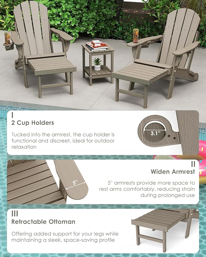 GREENVINES Adjustable Adirondack Chair with Retractable Ottoman Set of 4 | Folding | Wood Grain HDPE Plastic | Fire Pit Chairs w/Foot Rest | 2 Cup Holders | Desert Brown | for Outdoor Poolside