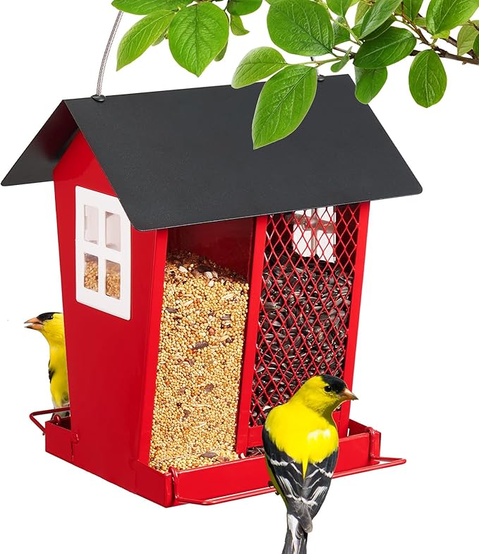 Veehoo Bird Feeders for Outdoors Hanging, 2 in 1 Wild Cardinal Finch Feeder for Thistle Mixed Seeds, Dual Decorative Metal Bird Feeder Weather Resistant for Balcony Garden Outside