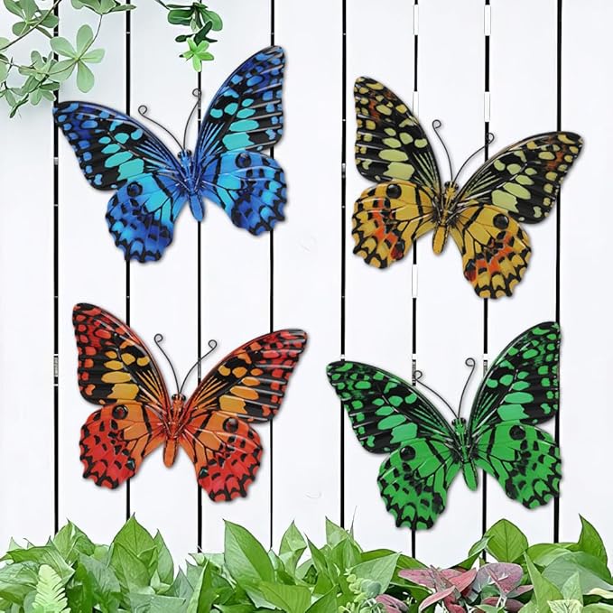 4 Pcs Butterfly Wall Decor Art, Butterflies Outdoor Metal Wall Art with Vivid Pattern, Hand Painted Outdoor Garden Yard Fence Patio Decor Gift for Women Mom