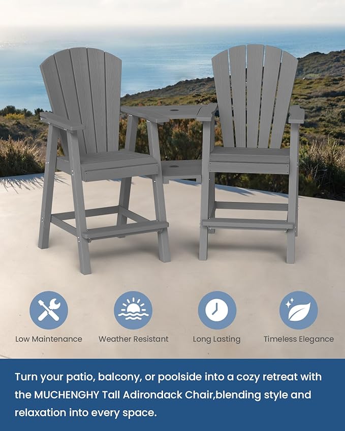 Ciokea Tall Adirondack Chairs Set of 2, HDPE Outdoor Adirondack Bar Stools with Double Connecting Tray, Weather Resistant High Back Adirondack Balcony Chairs for Deck, Lawn, Pool, Backyard, Grey