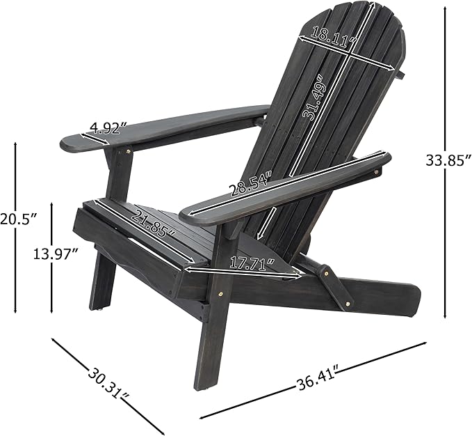 Merax Folding Adjustable Acacia Wood Adirondack Chairs, Water Proof Outdoor Wooden Fire Pit Lounge Reclining Chair for Yard, Garden, Patio, Dark Gray