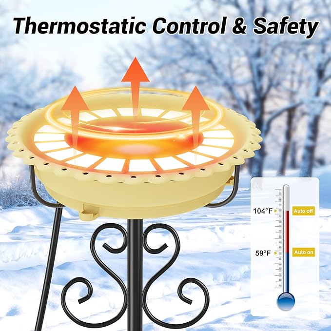 Heated Bird Baths for Outdoors,Upgraded 100W Thermostat Control Heated BirdBaths for Winter with Metal 5 Prong Base Heated Bird Bath for Outside Winter Garden Yard Patio Lawn (Beige)