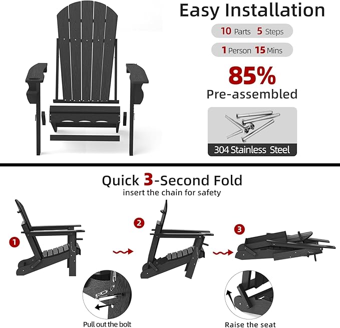Folding Adirondack Chair, HDPE Plastic Black Adirondack Chairs Weather Resistant, Oversized Outdoor Fire Pit Chairs with Cup Holder and Umbrella Hole for Patio Garden, Lawn and Poolside