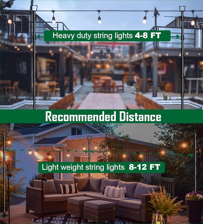 10Ft String Light Poles for Outside, Adjustable Metal Poles for Outdoor String Lights, Rustproof & Sturdy Light Stand Posts for Patio, Backyard, Deck, Garden, Party Decorations