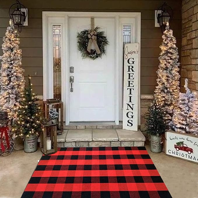 Red and Black Plaid Rug, 3'x5' Check Outdoor Front Door Decorative Mat, Cotton Woven Rug for Layered Door Mats Washable Carpet for Porch, Entryway, Farmhouse, Christmas, Halloween