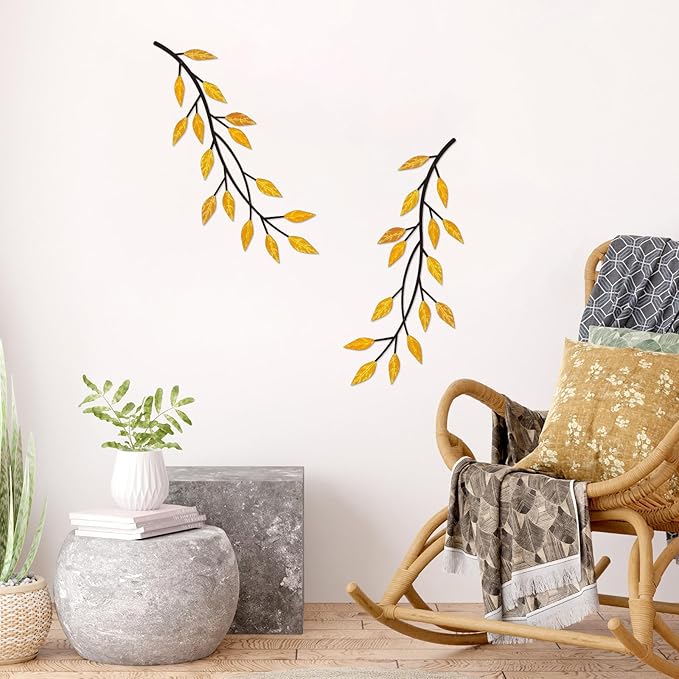 LWHZHE 2 Pieces Vintage Tree Leaf Wall Art Vine Metal Bathroom Wall Decor Olive Branch Wall Decor Living Room Tree Wall Art for Outdoor Hallway Kitchen Garden (Yellow)
