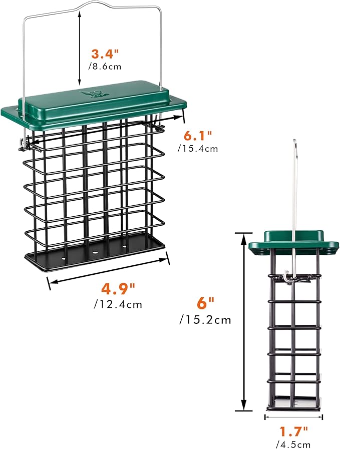 iBorn Suet Feeder Suet Bird Feeders [Single Capacity] for Outside Hanging with Taller Grid for Woodpecker,Metal Green（Pack of 1）
