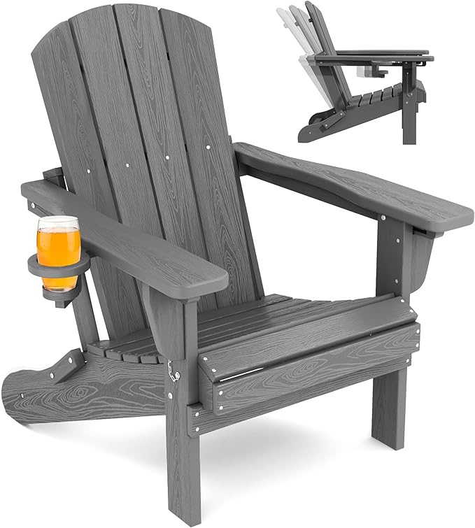 SERWALL Adirondack Chair with Cup Holder, Adjustable Outdoor Adirondack Chair with 3 Recline Positions, All Weather HDPE Adirondack, Gray