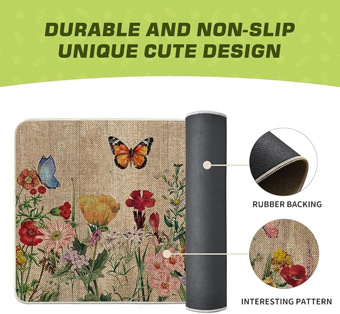 Artoid Mode Wood Flowers Butterfly Spring Runner Rug, Home Summer Decor Low-Profile Door Mat Floor Mat for Indoor Outdoor 24x59 Inch