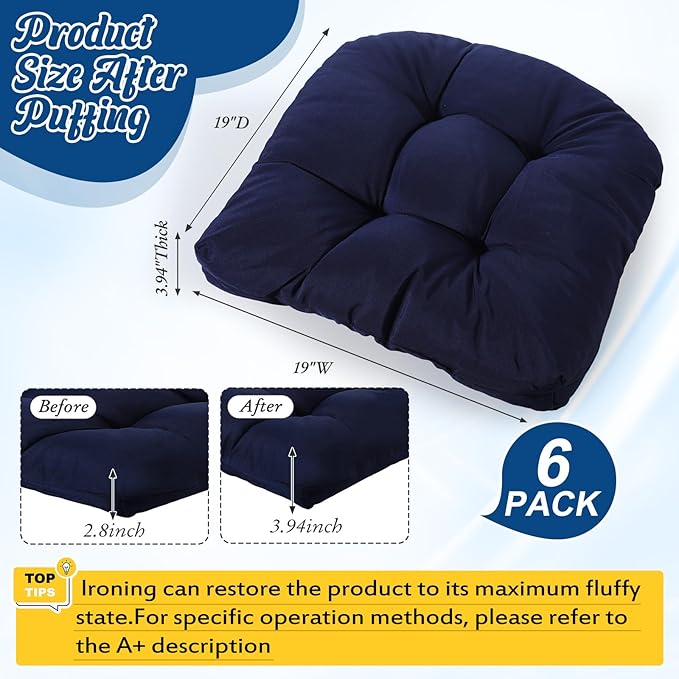 Thyle Outdoor Chair Cushions Set of 6 Waterproof Sun Protection Square Tufted Overstuffed Patio Furniture Seat Cushion for Patio Furniture Dining Indoor 19" x 19"(Navy Blue)
