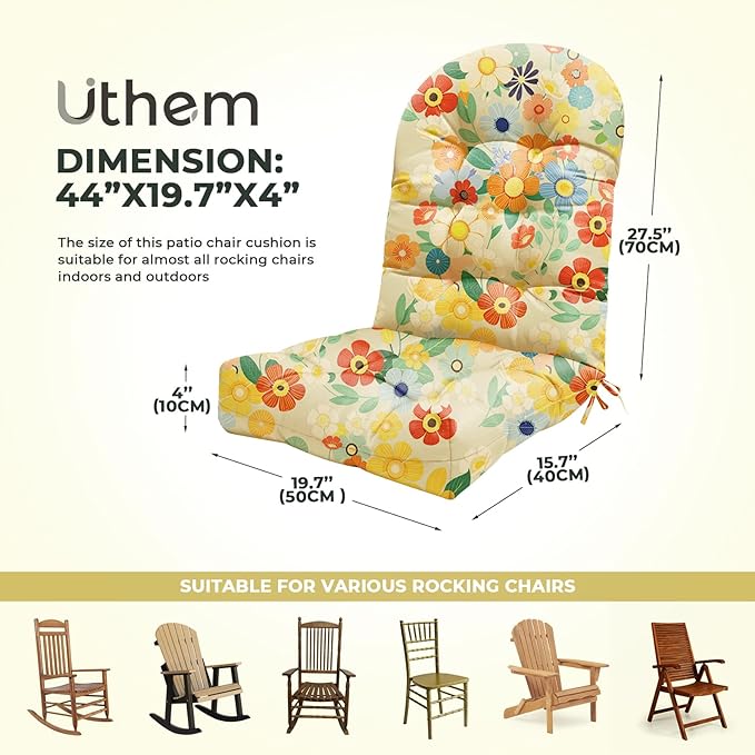 Adirondack Chair Cushion Waterproof Indoor Outdoor Rocking Chair Cushion 44 Inches Patio High Back Chair Cushions Thickened Adirondack Rocking Chair Cushions with Ties, Daisy