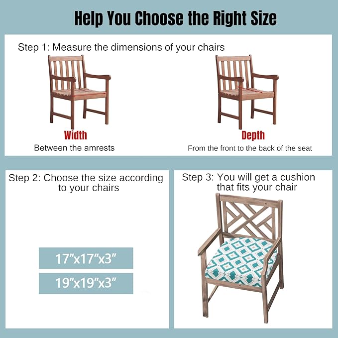 idee-home Outdoor Chair Cushions Set of 4, Thick 17" x 17" x 3" Outdoor Seat Cushions Patio Furniture Waterproof with Ties, Dining Pads