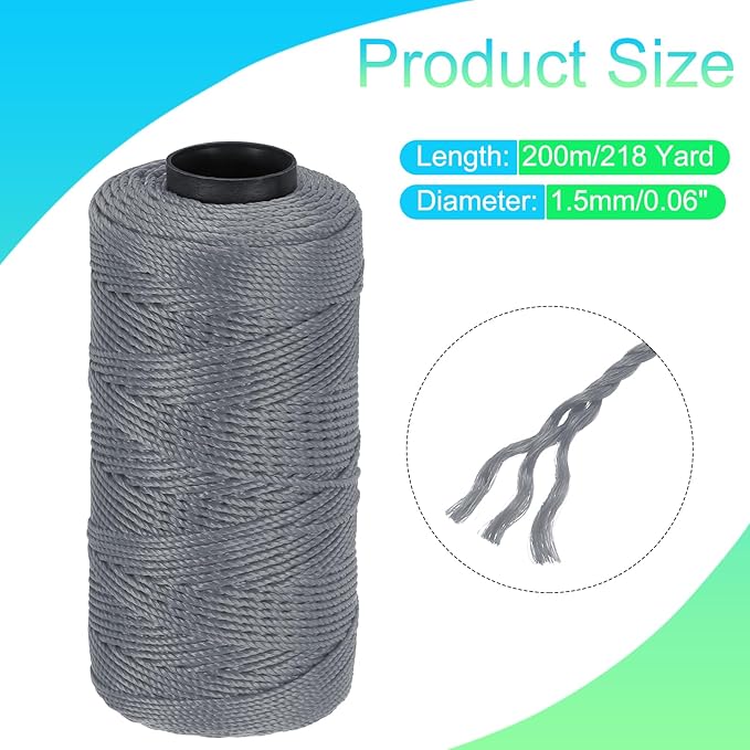 MECCANIXITY Nylon String 3 Strands Twisted Mason Line 1.5mm x 218 Yards Nylon Twine String for DIY Projects, Home Improvement, Gardening, Gift Wrapping, Christmas Party Supplies, Dark Grey