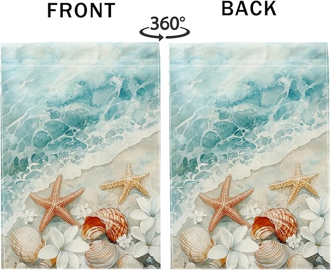 Coastal Ocean Sea Shells Garden Flag, Soft Blue Shells Starfish Outdoor Decor Banner, Double Sided Fabric Yard Flag Summer Lawn Decoration 12x18 Inch