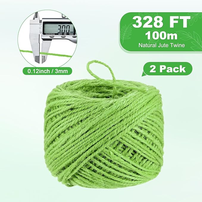 2-Pack Natural Jute Twine String, 3mm x 328ft/100m Long Garden Twine Balls for Crafts/Gift Wrapping/Gardening Plants, Durable Plant Ties Thick Rope [Light Green]